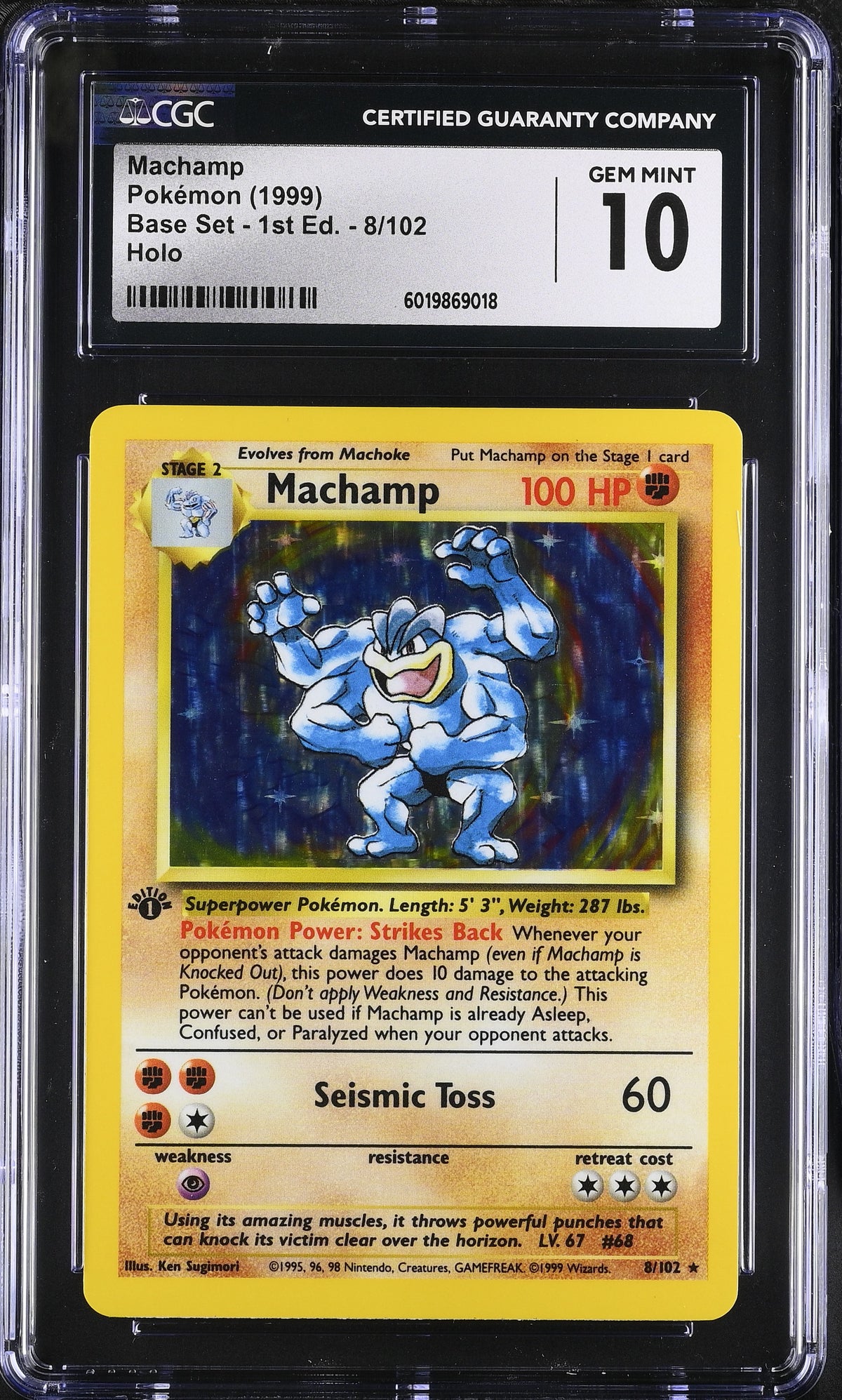 1999 Pokemon Base Set #8 Machamp 1st Edition Holo CGC 10 - front of slab