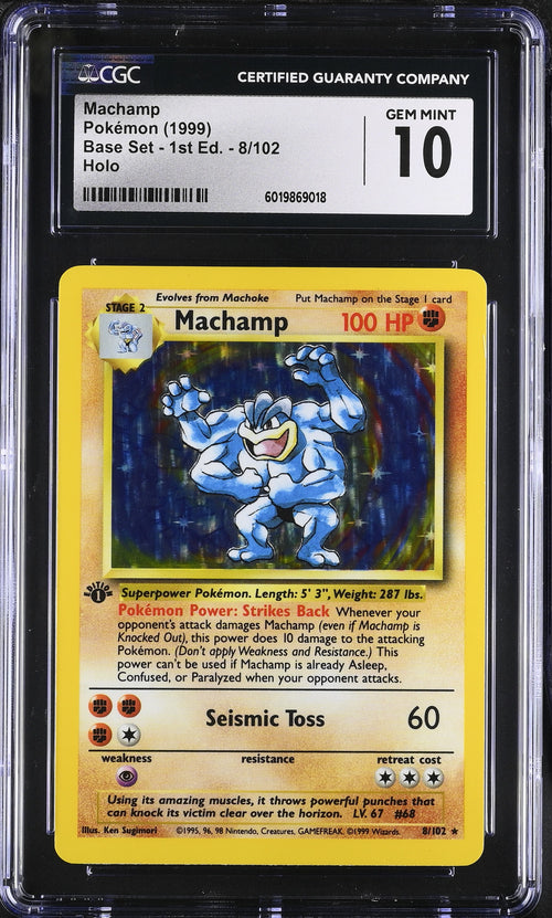 1999 Pokemon Base Set #8 Machamp 1st Edition Holo CGC 10 - front of slab