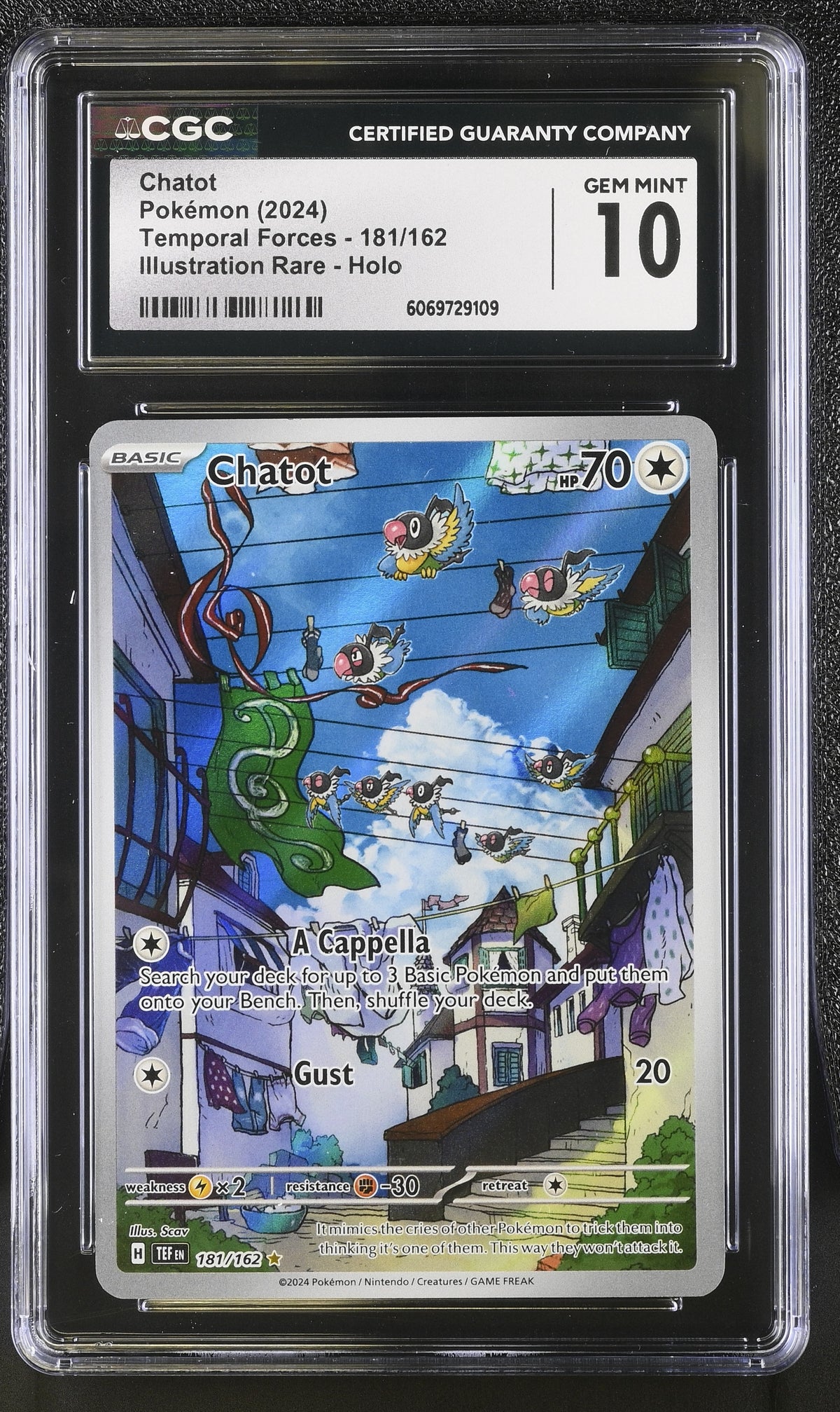 2024 Pokemon Temporal Forces #181 Chatot Illustration Rare CGC 10 - front of slab