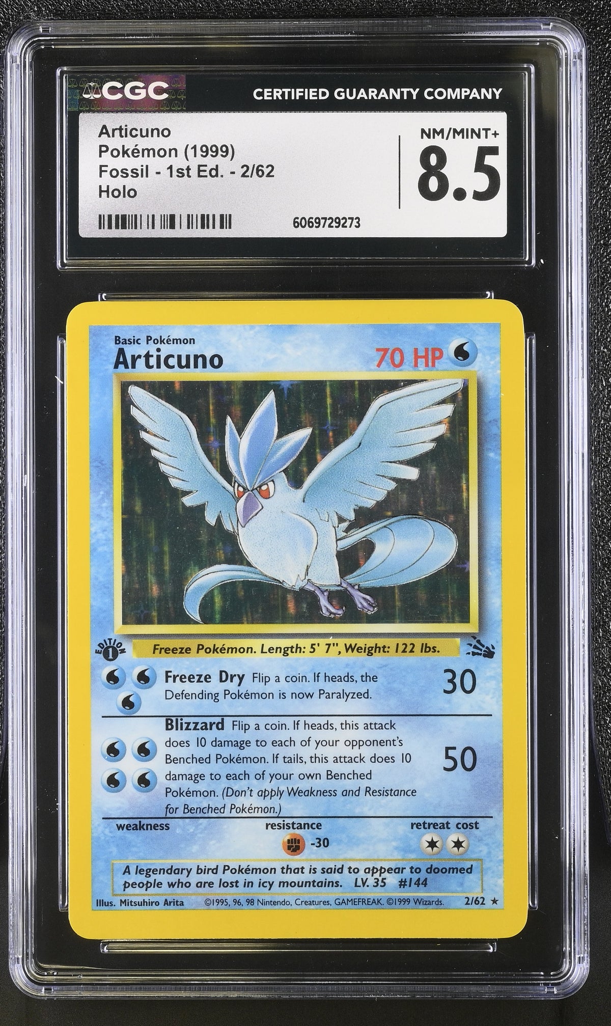 1999 Pokemon Fossil #2 Articuno 1st Edition Holo CGC 8.5 - front of slab