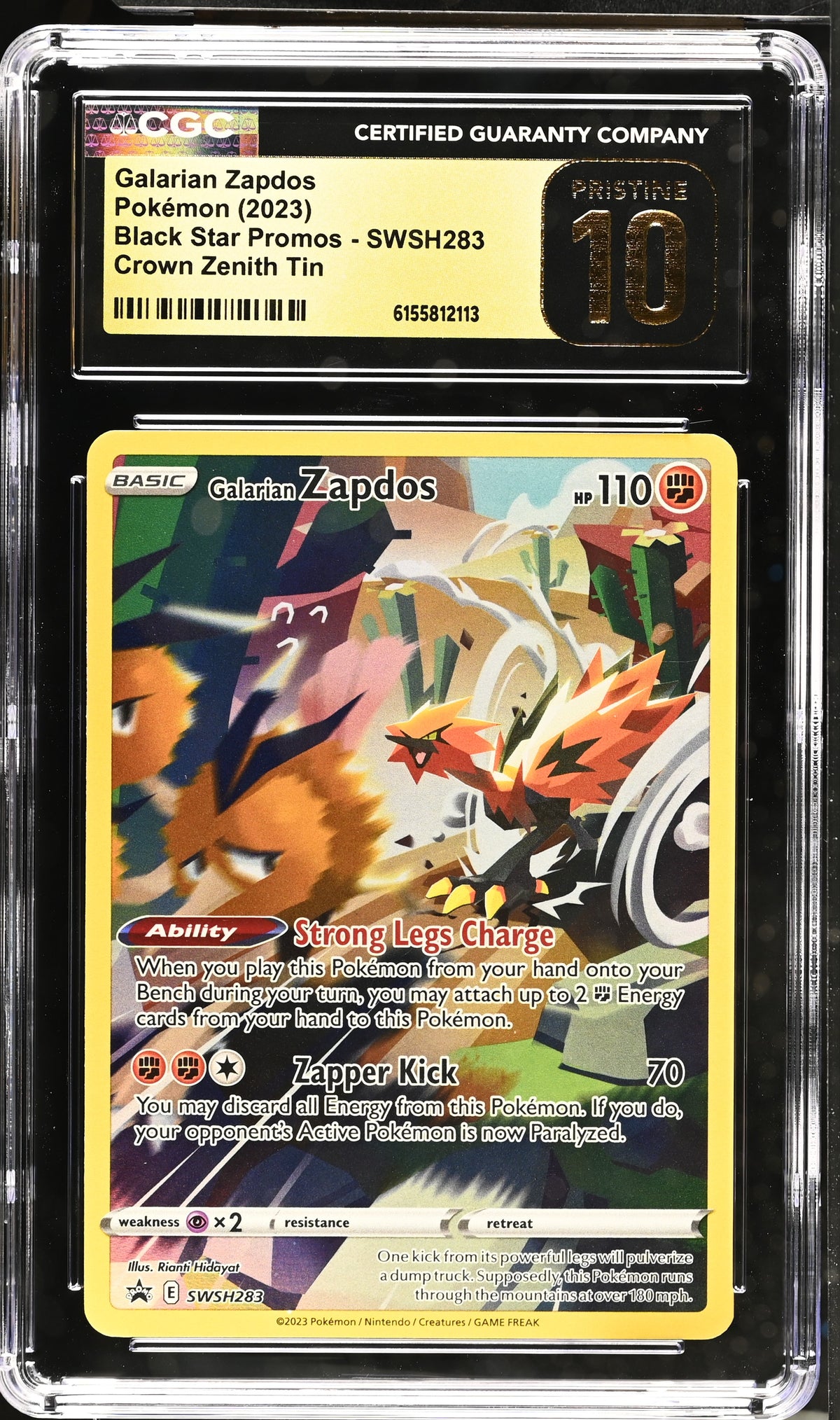 2023 Pokemon Black Star Promo #SWSH283 Galarian Zapdos Crown Zenith Tin Promo CGC Pristine 10 - front of slab
