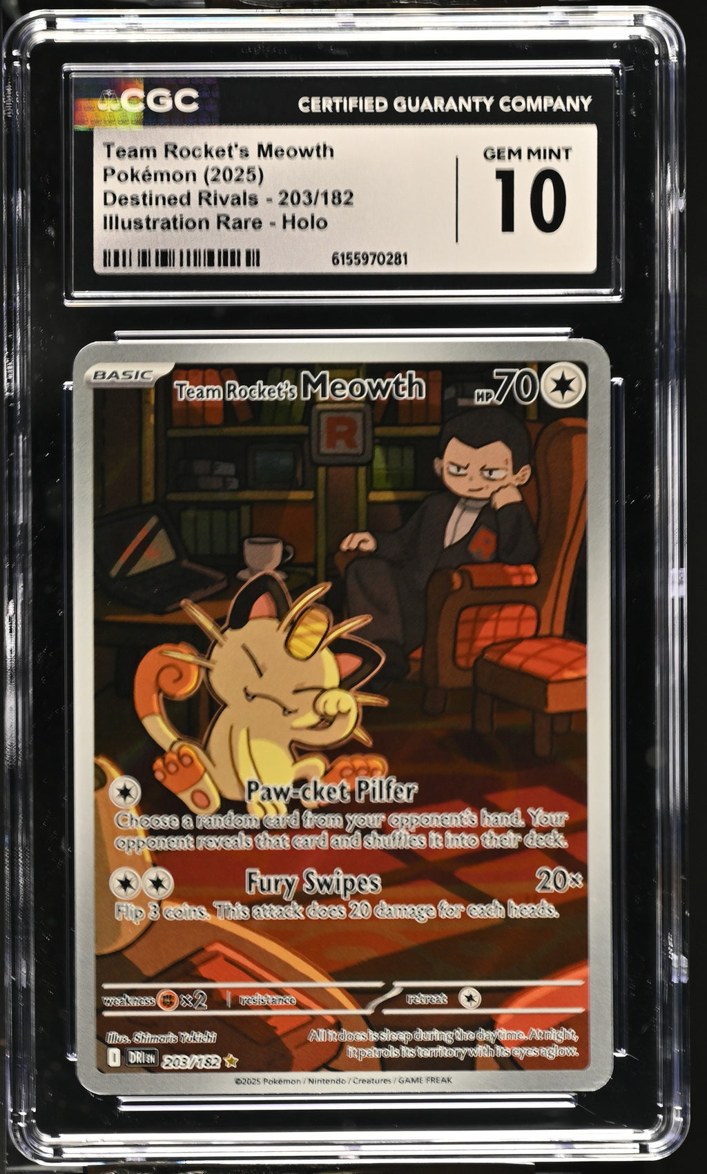 Team Rocket's Meowth 203/182 Destined Rivals CGC 10 front
