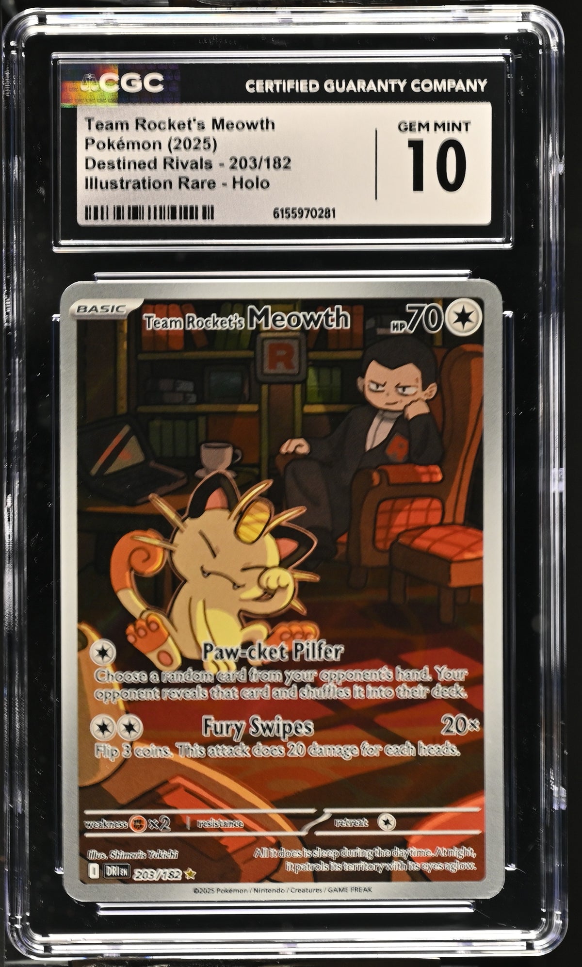 Team Rocket's Meowth 203/182 Destined Rivals CGC 10 front