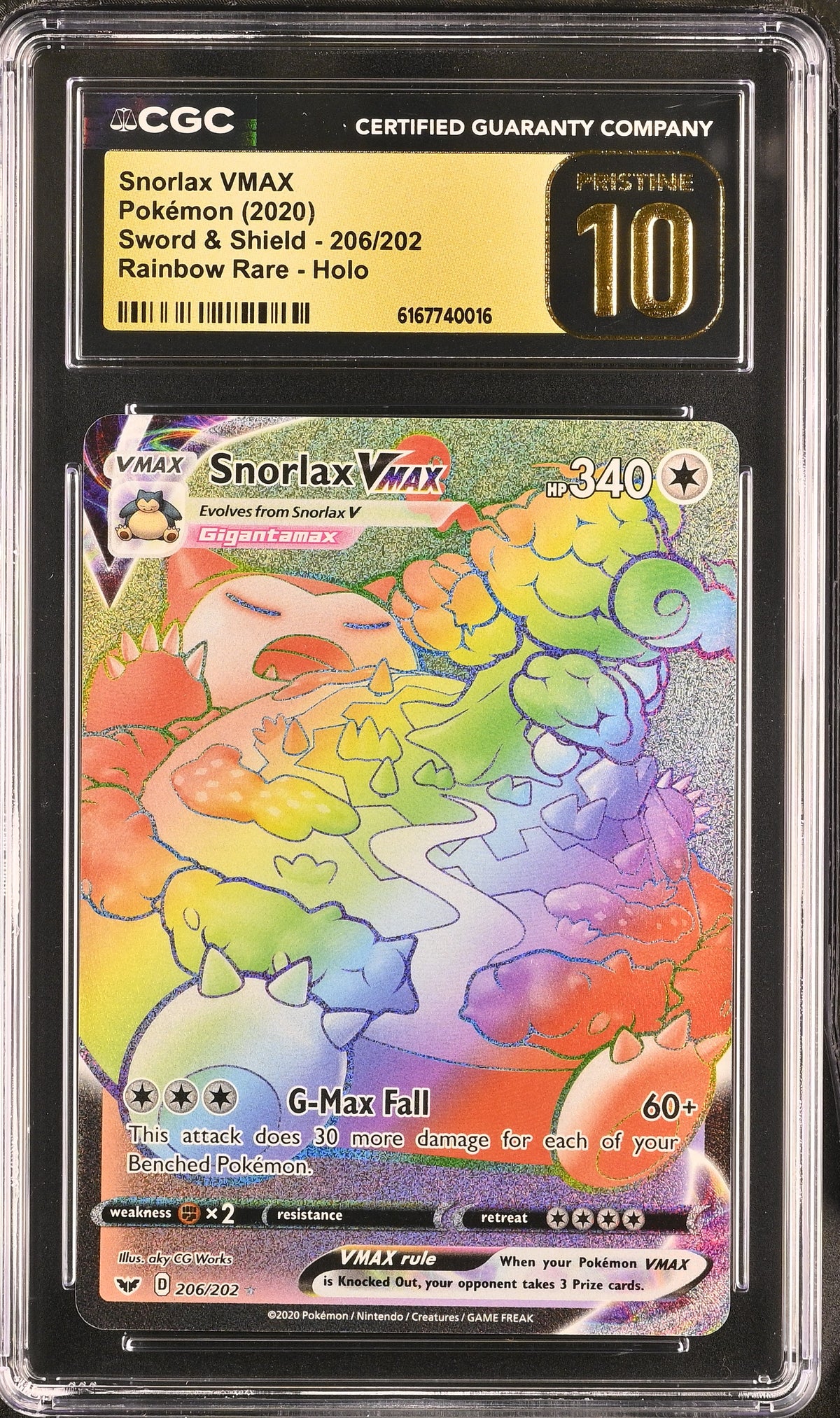 2020 Pokemon Sword & Shield #206 Snorlax VMAX Rainbow Secret Rare CGC Pristine 10 - front of slab
