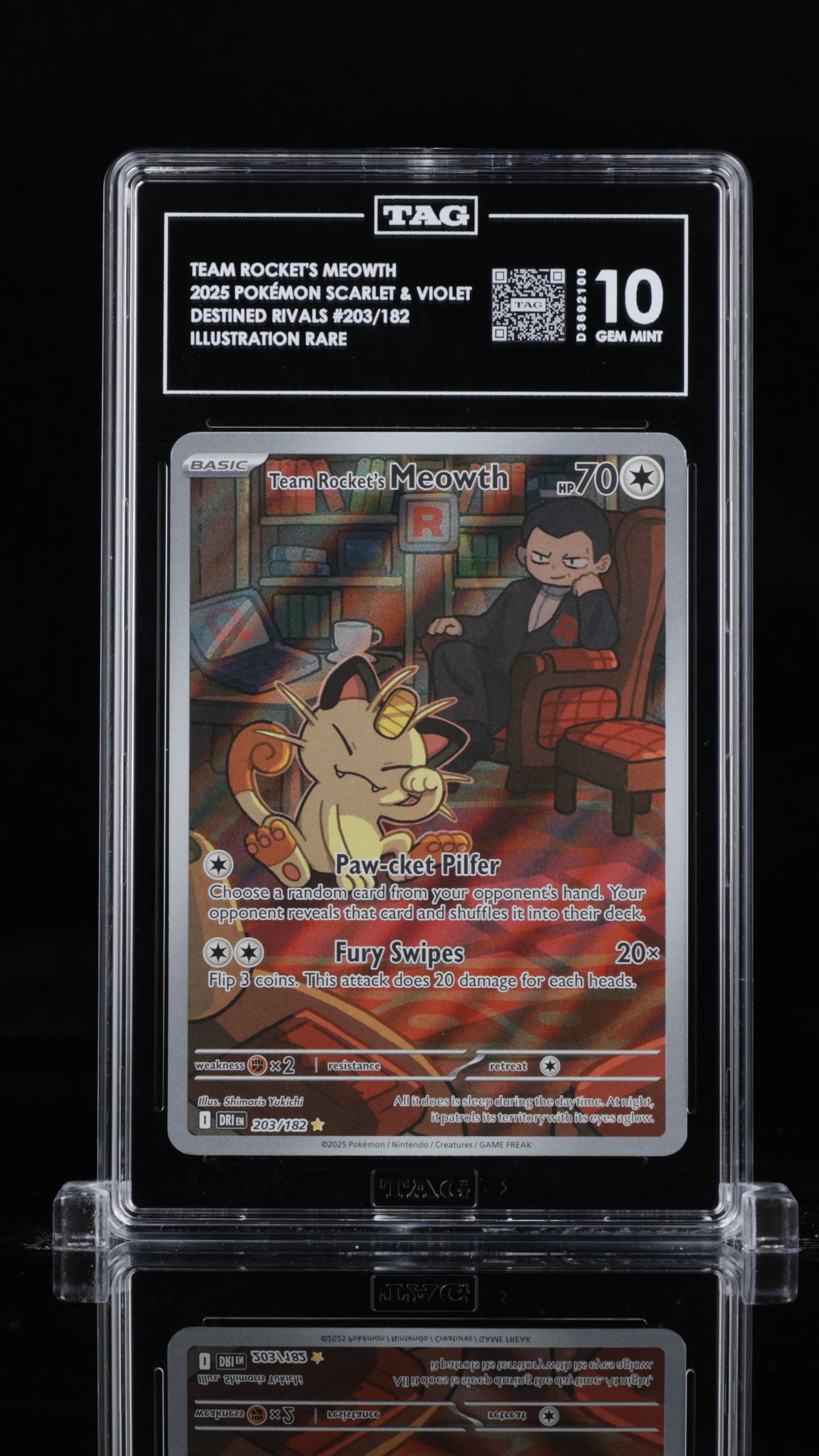 2025 Pokemon Destined Rivals #203 Team Rocket's Meowth Illustration Rare TAG 10 - front of slab