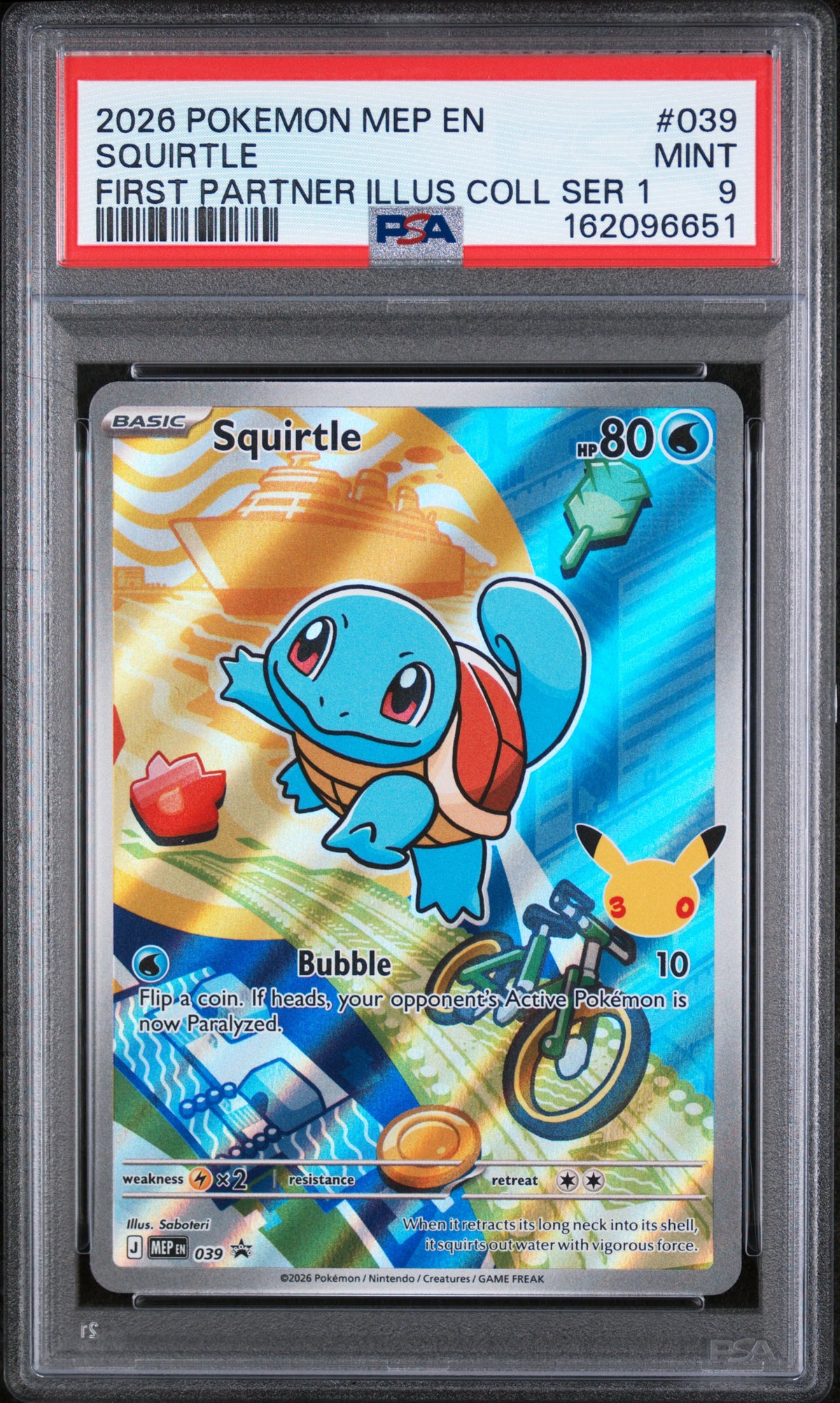 2026 Pokemon ME Black Star Promo #039 Squirtle First Partner Illustration PSA 9 - front of slab