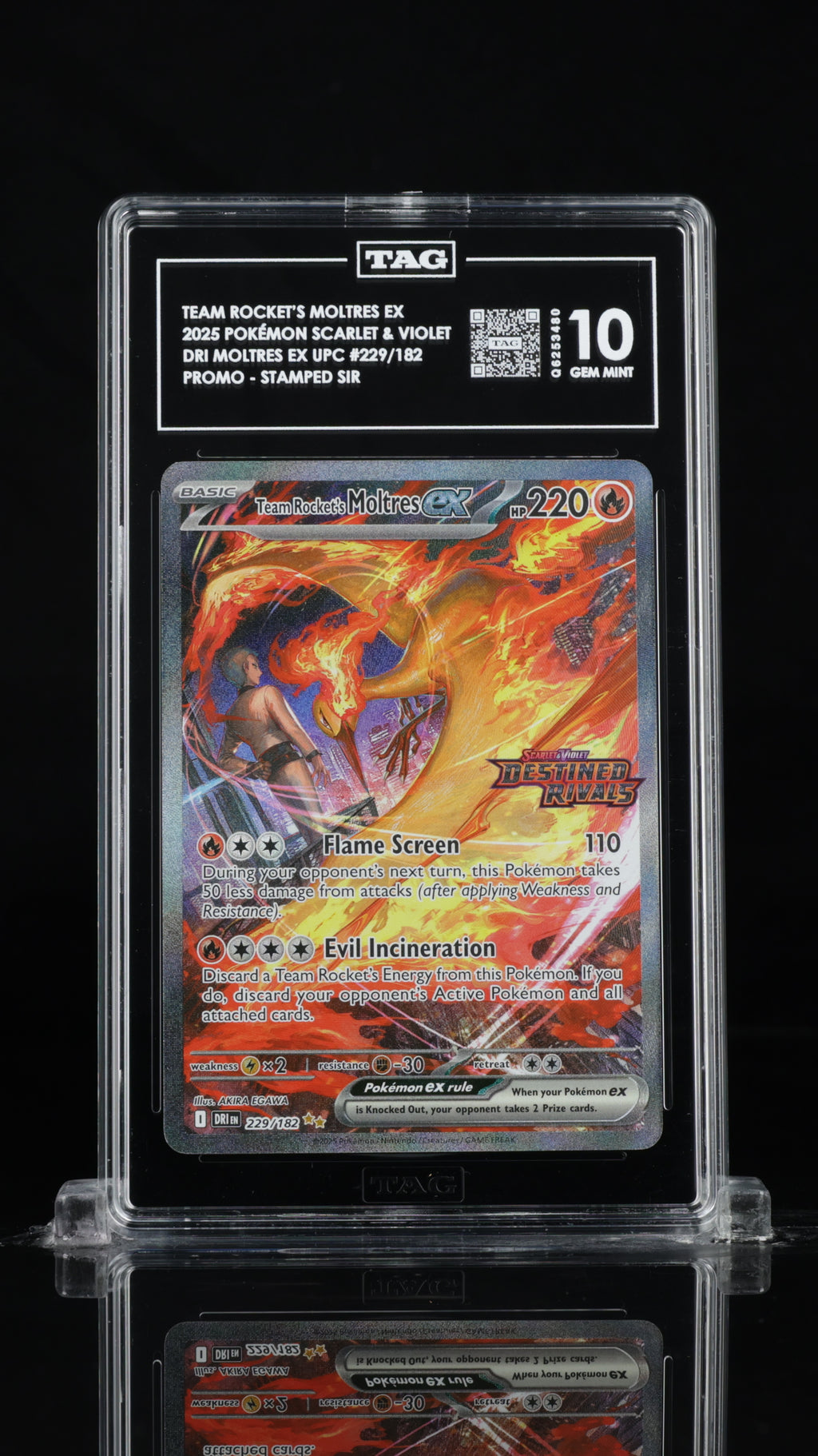 2025 Pokemon Destined Rivals #229 Team Rocket's Moltres ex Ultra-Premium Collection Stamped Promo TAG 10 - front of slab