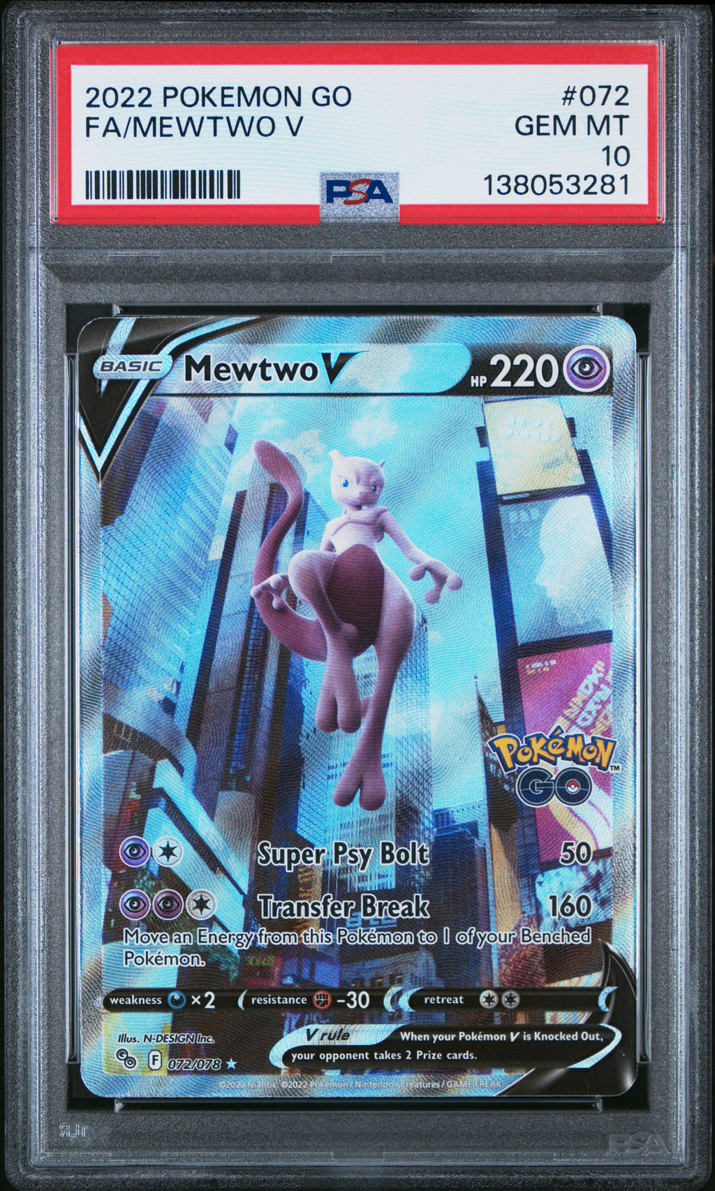 2022 Pokemon GO #072 Mewtwo V Full Art PSA 10 - front of slab