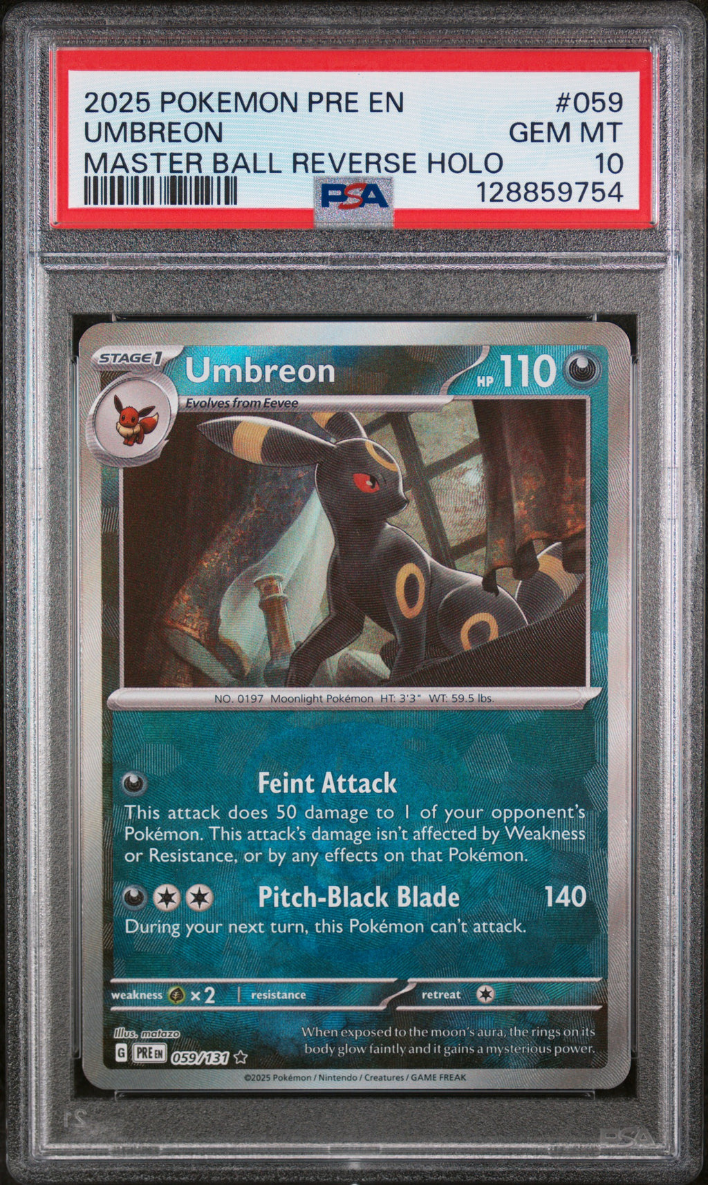 2025 Pokemon Prismatic Evolutions #059 Umbreon Master Ball Reverse Holo PSA 10 - front of slab