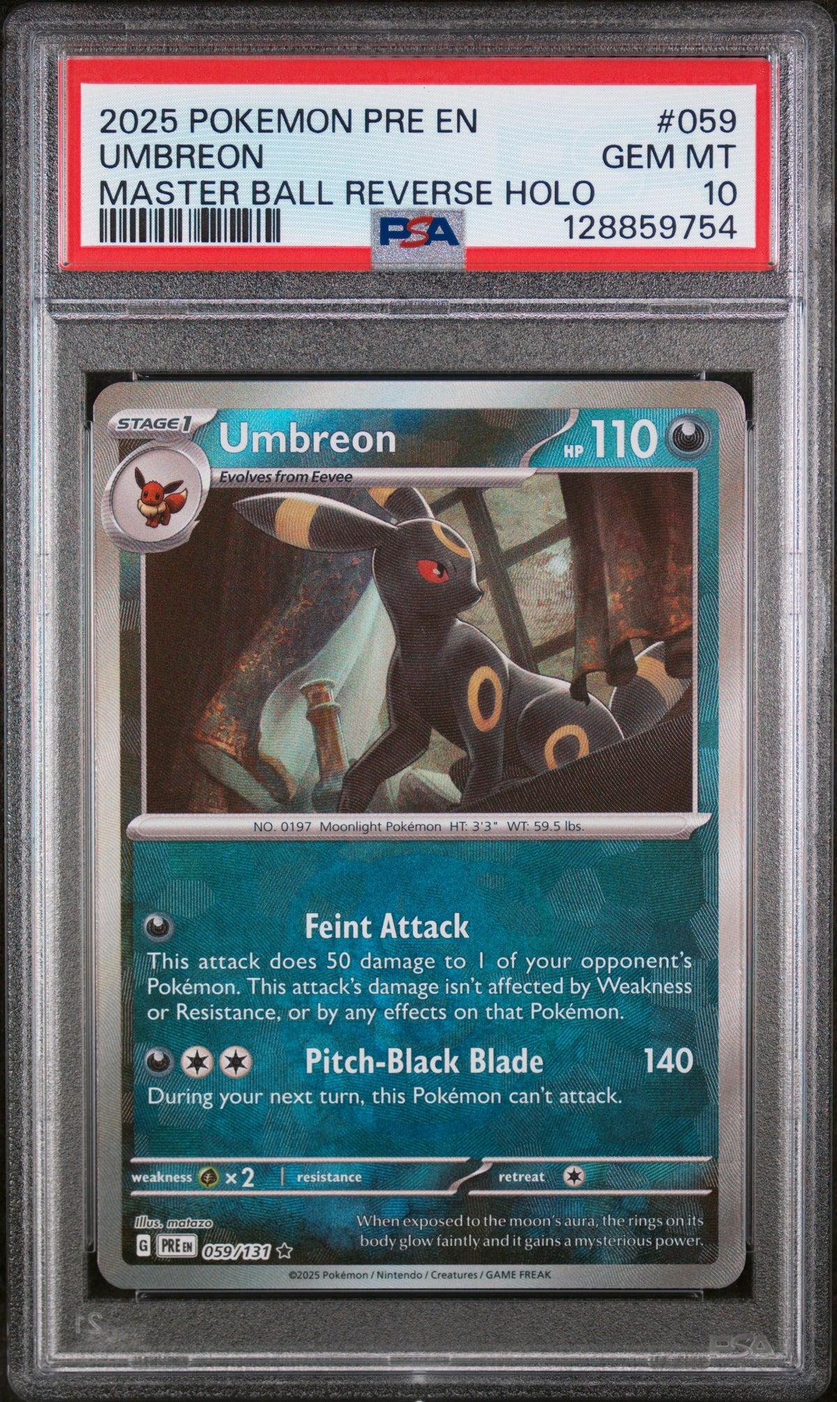 2025 Pokemon Prismatic Evolutions #059 Umbreon Master Ball Reverse Holo PSA 10 - front of slab