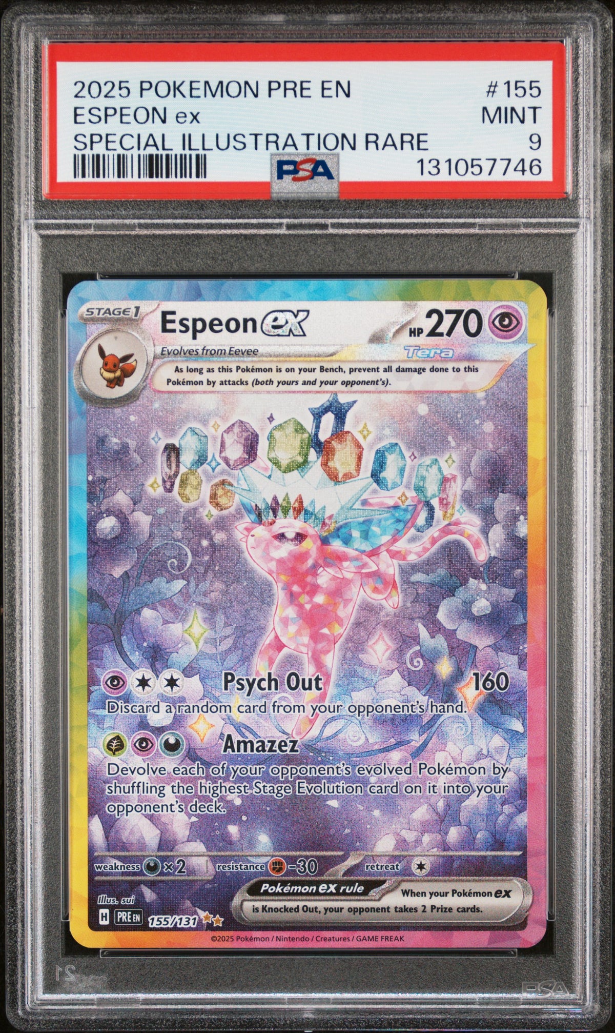 2025 Pokemon Prismatic Evolutions #155 Espeon ex SIR PSA 9 - front of slab