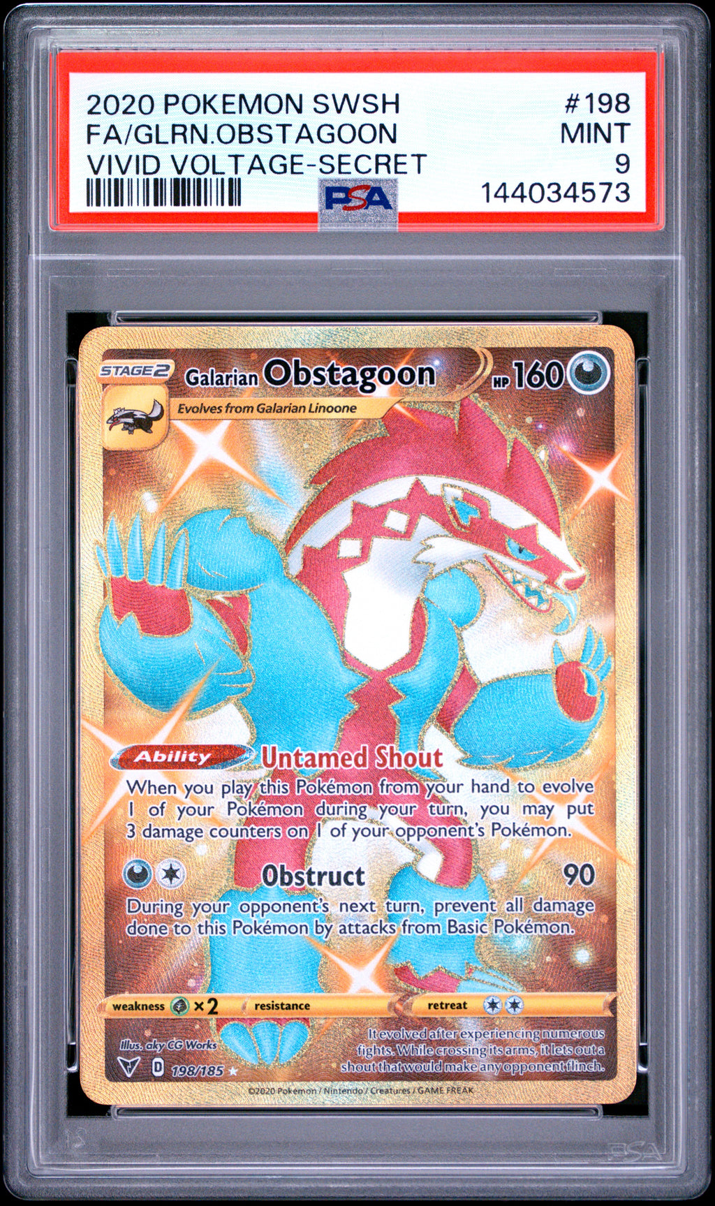 2020 Pokemon Vivid Voltage #198 Galarian Obstagoon Secret Rare PSA 9 - front of slab