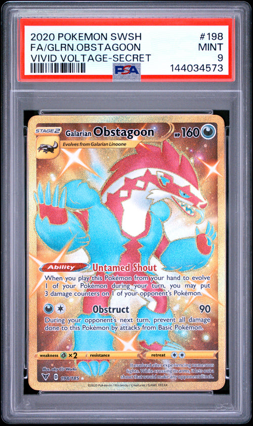 2020 Pokemon Vivid Voltage #198 Galarian Obstagoon Secret Rare PSA 9 - front of slab
