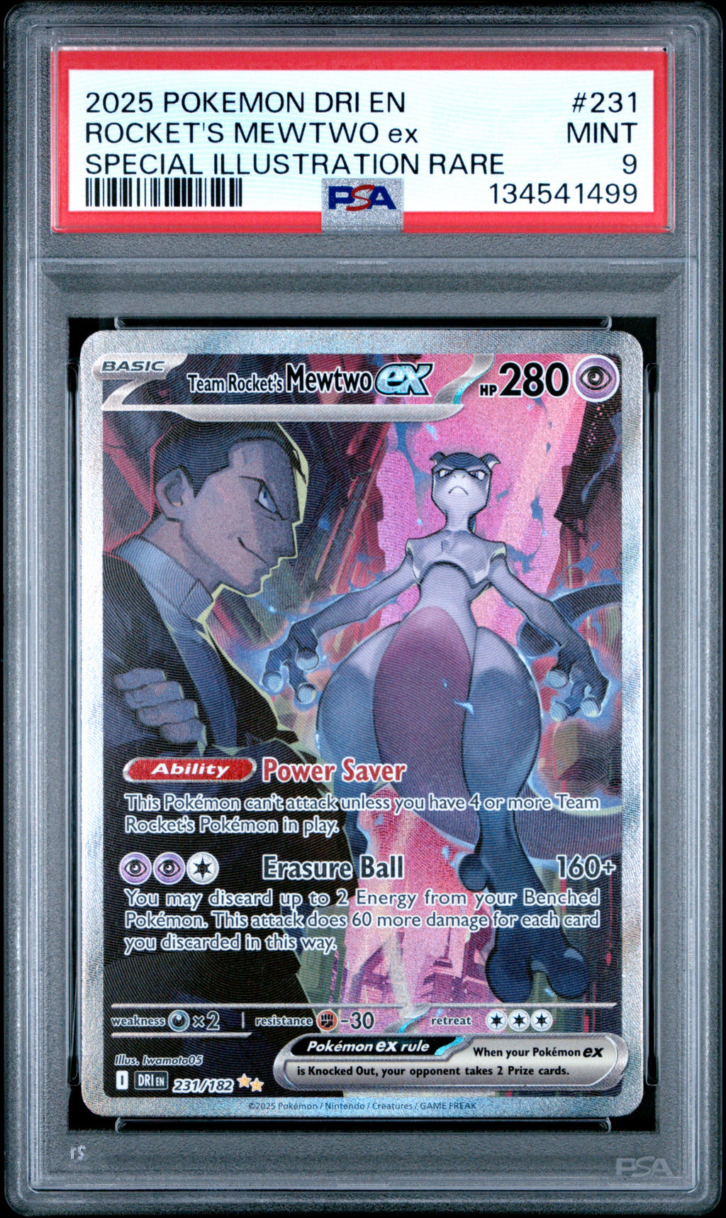 2025 Pokemon Destined Rivals #231 Team Rocket's Mewtwo ex Special Illustration Rare PSA 9 - front of slab