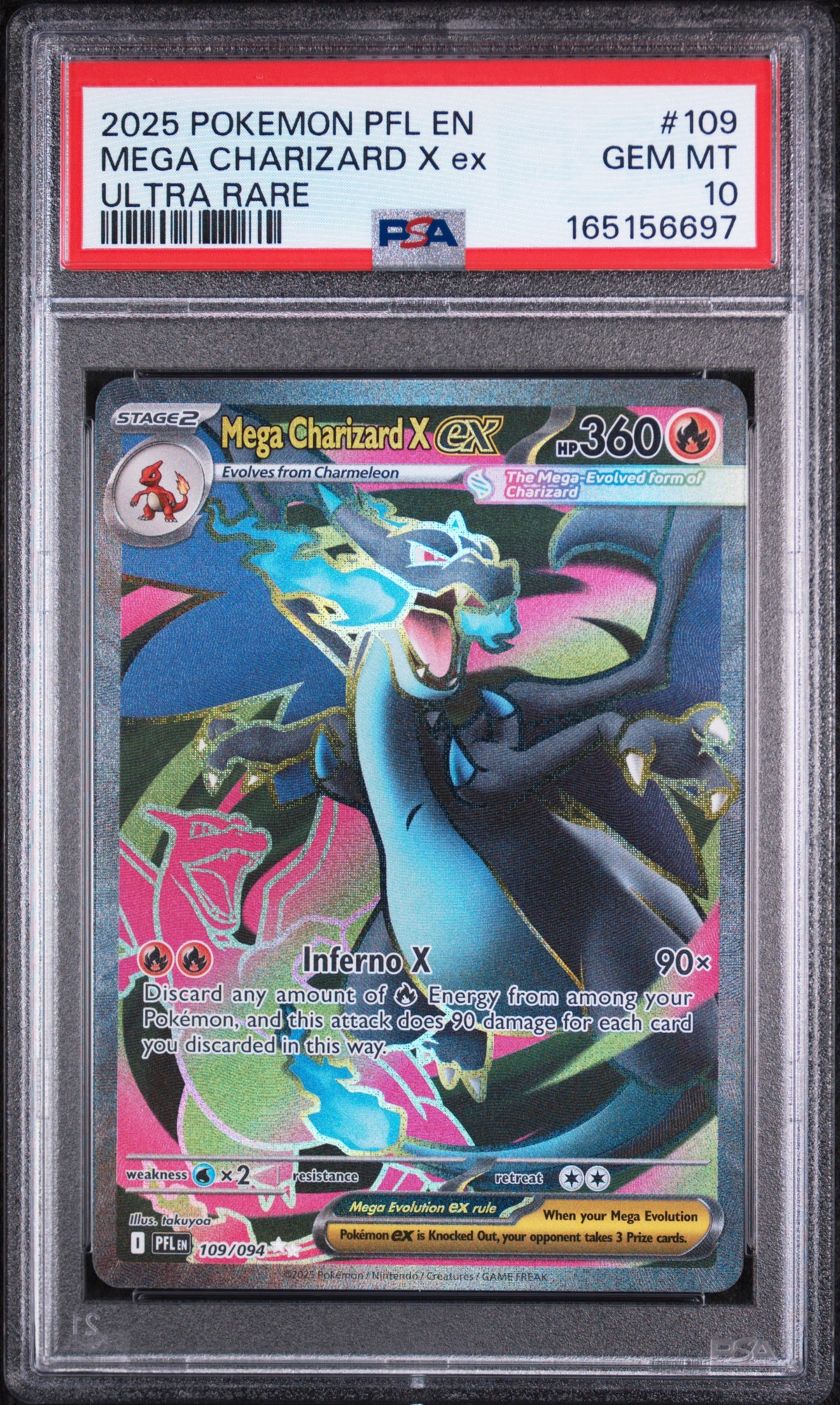 2025 Pokemon Phantasmal Flames #109 Mega Charizard X ex Ultra Rare PSA 10 - front of slab