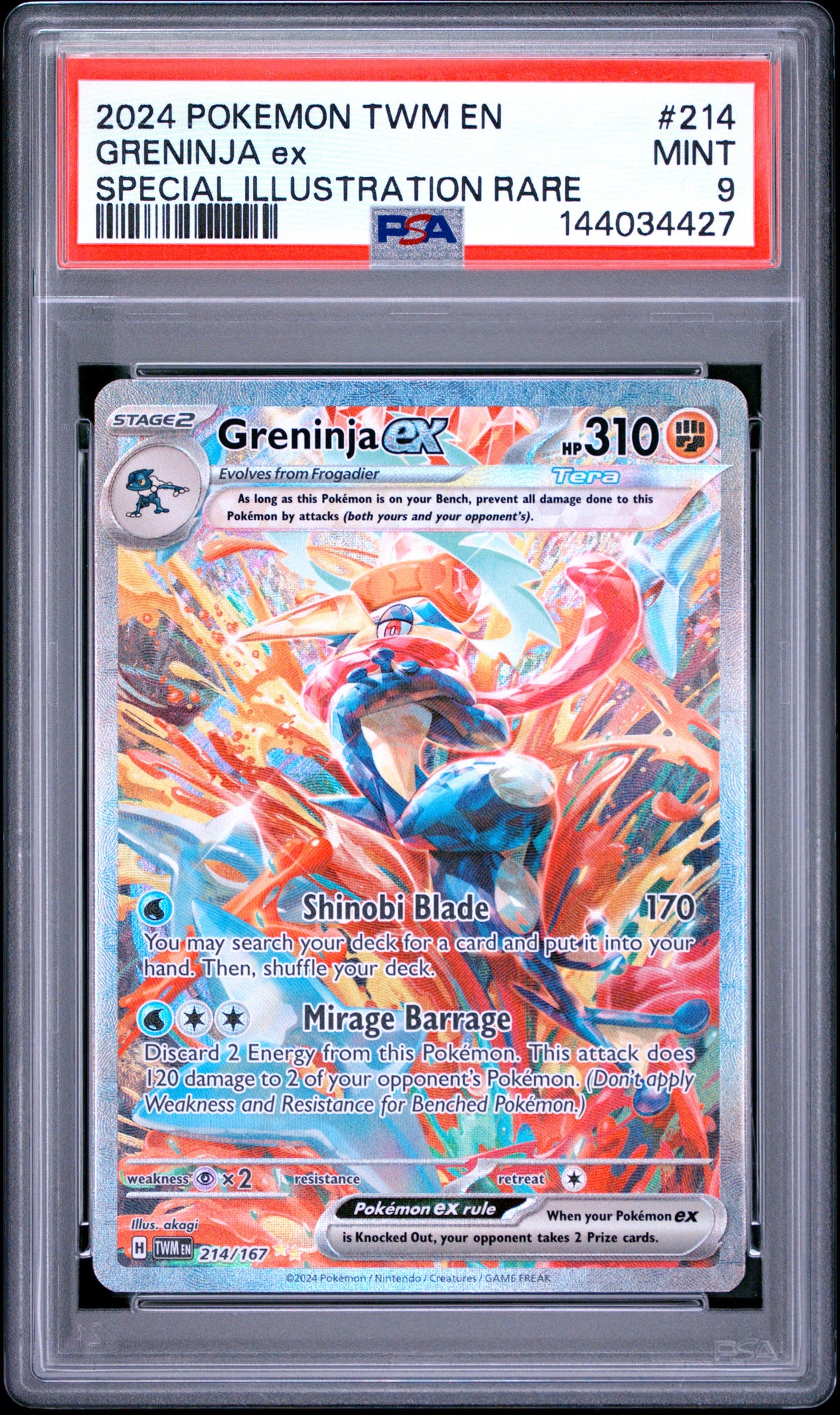 2024 Pokemon Twilight Masquerade #214 Greninja ex SIR PSA 9 - front of slab