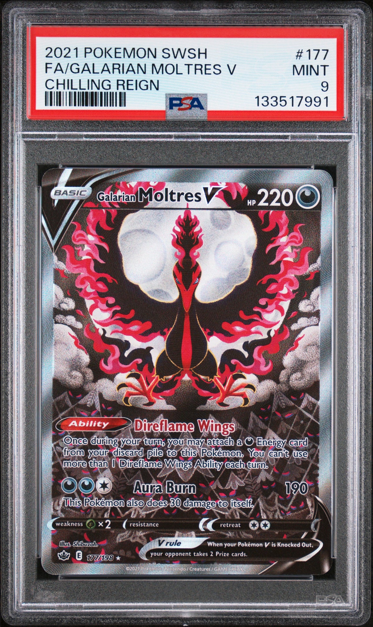 2021 Pokemon Chilling Reign #177 Galarian Moltres V Full Art PSA 9 - front of slab