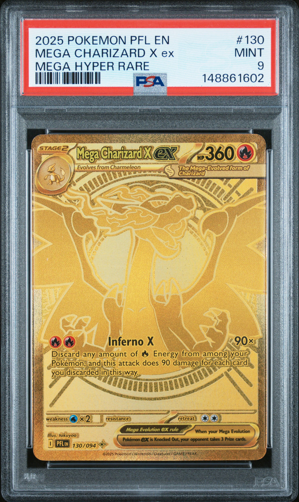 2025 Pokemon Phantasmal Flames #130 Mega Charizard X ex Mega Hyper Rare PSA 9 - front of slab