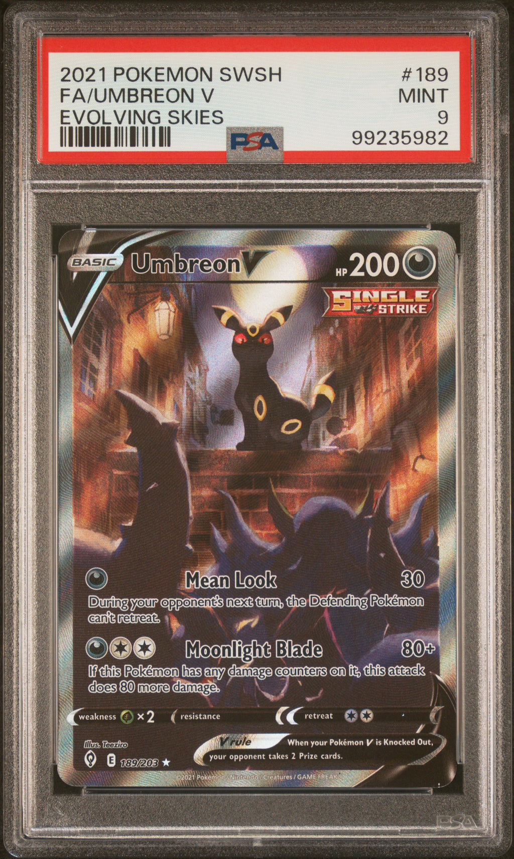 2021 Pokemon Evolving Skies #189 Umbreon V Full Art PSA 9 - front of slab