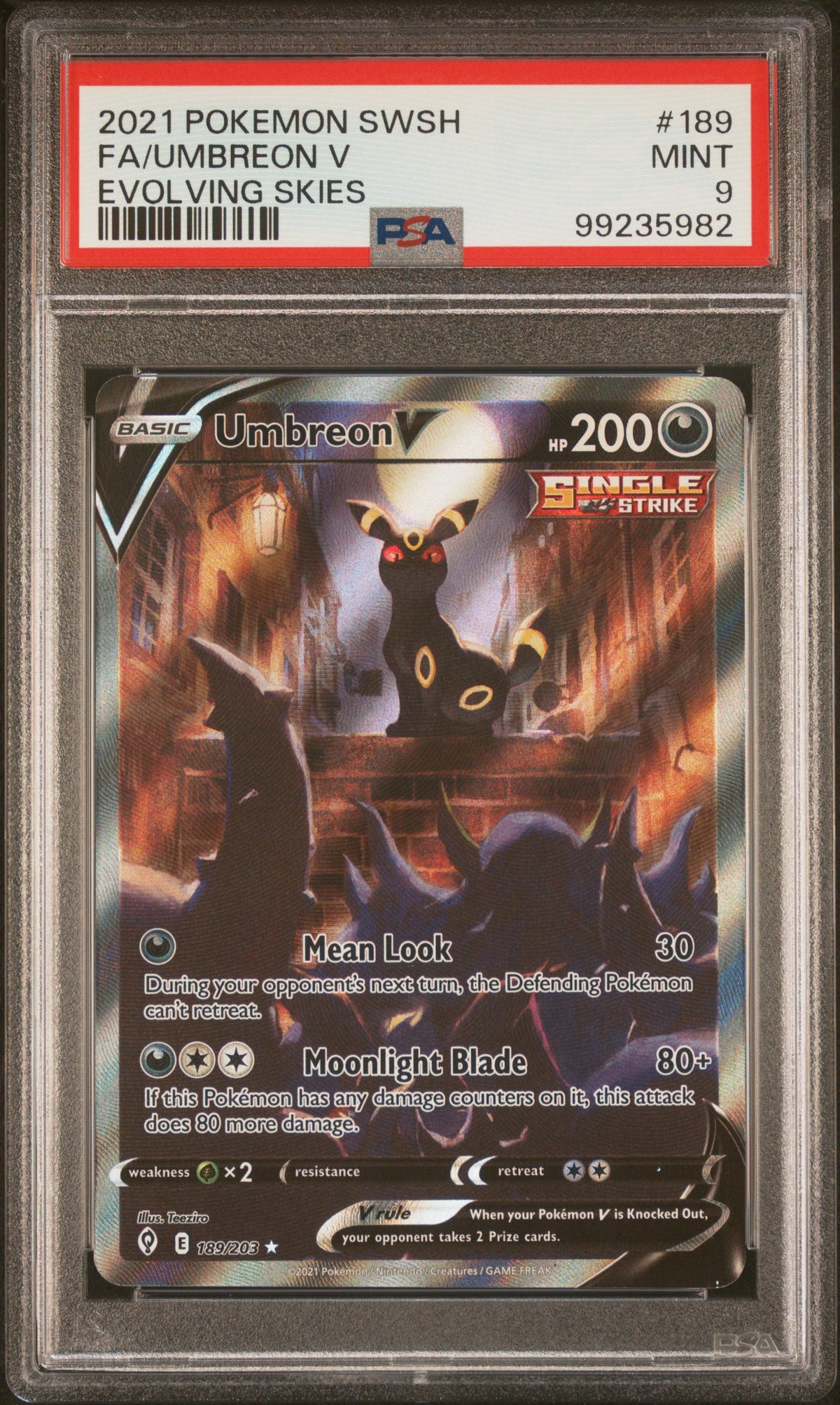 2021 Pokemon Evolving Skies #189 Umbreon V Full Art PSA 9 - front of slab